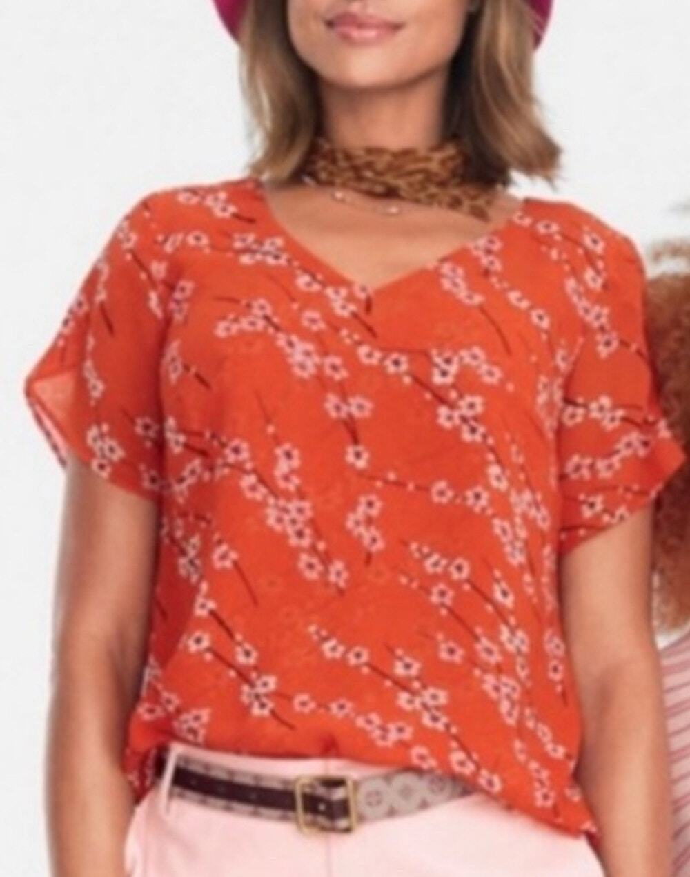 Cabi Chiffon Cherry Blossom Blouse Womens Medium Orange Career V-Neck Top